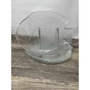 Vintage MCM Clear Glass Fish Plates Set of 4 Textured Scales Nautical 10"x8"